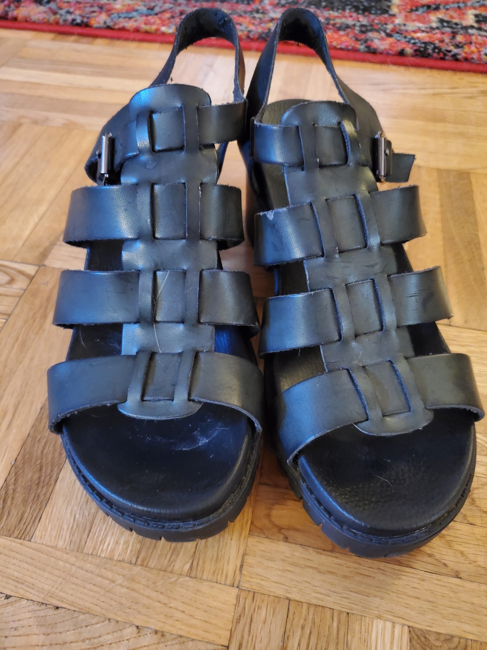 MIA Black Leather Woven Strappy Sandals